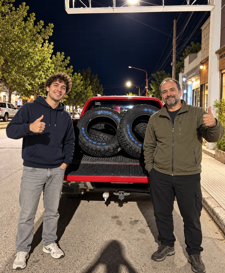 Dos pulgares arriba junto a camioneta roja
