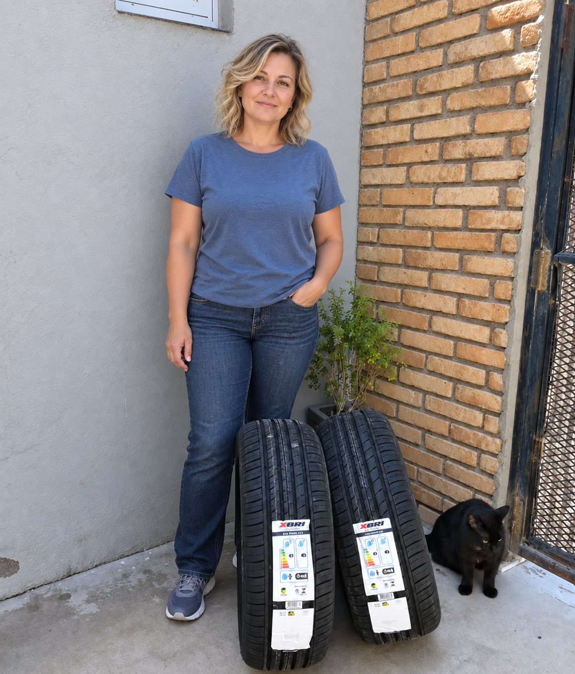 Mujer rubia y gato junto a neumáticos