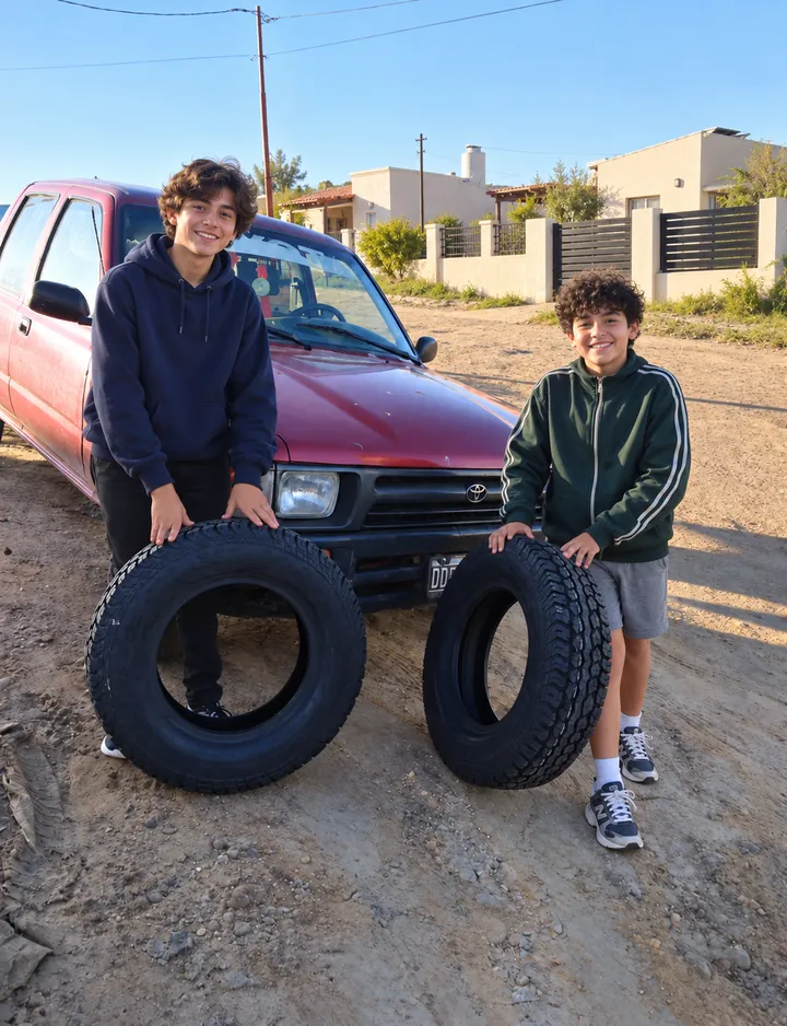 Jóvenes junto a una camioneta y llantas