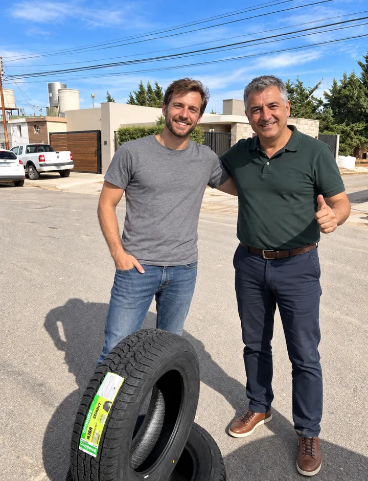 Dos hombres con neumáticos y pulgares arriba