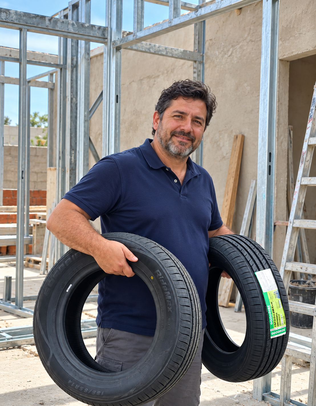 Hombre sosteniendo dos llantas en construcción
