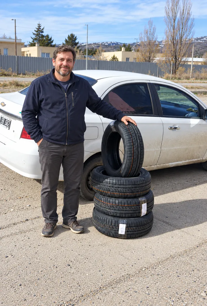 Cliente junto a neumáticos en Patagonia