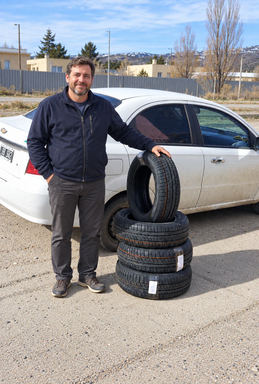 Cliente junto a neumáticos en Patagonia