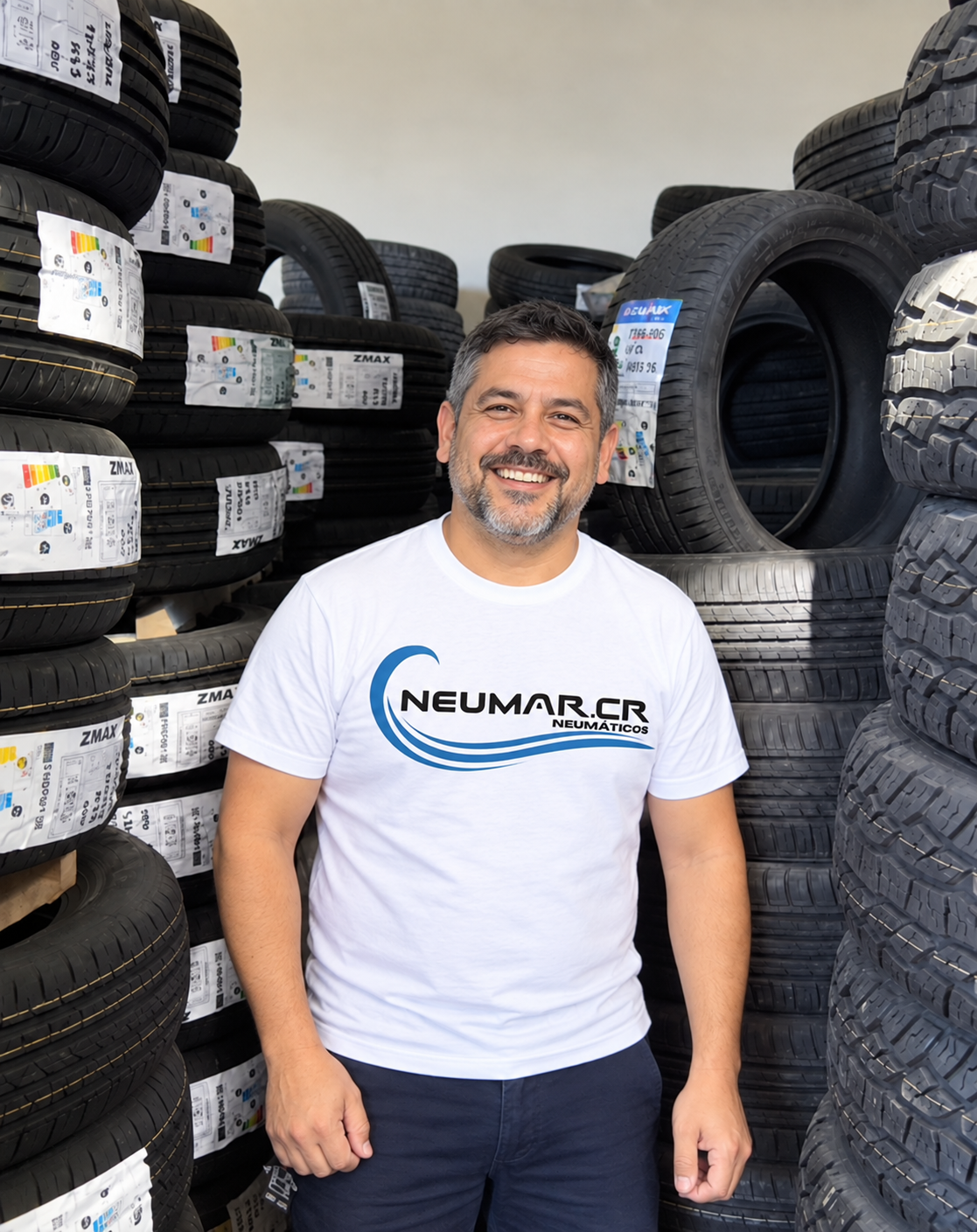 Empleado de NEUMAR.CR en el local rodeado de neumáticos