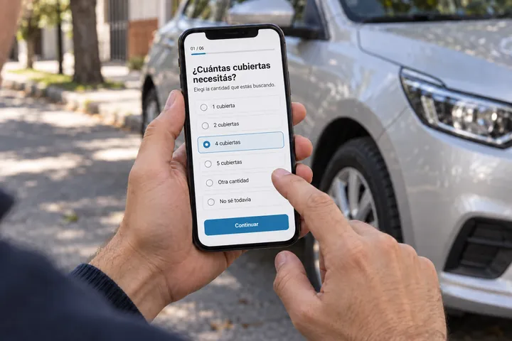 Persona completando la cotización de cubiertas en su celular junto al auto
