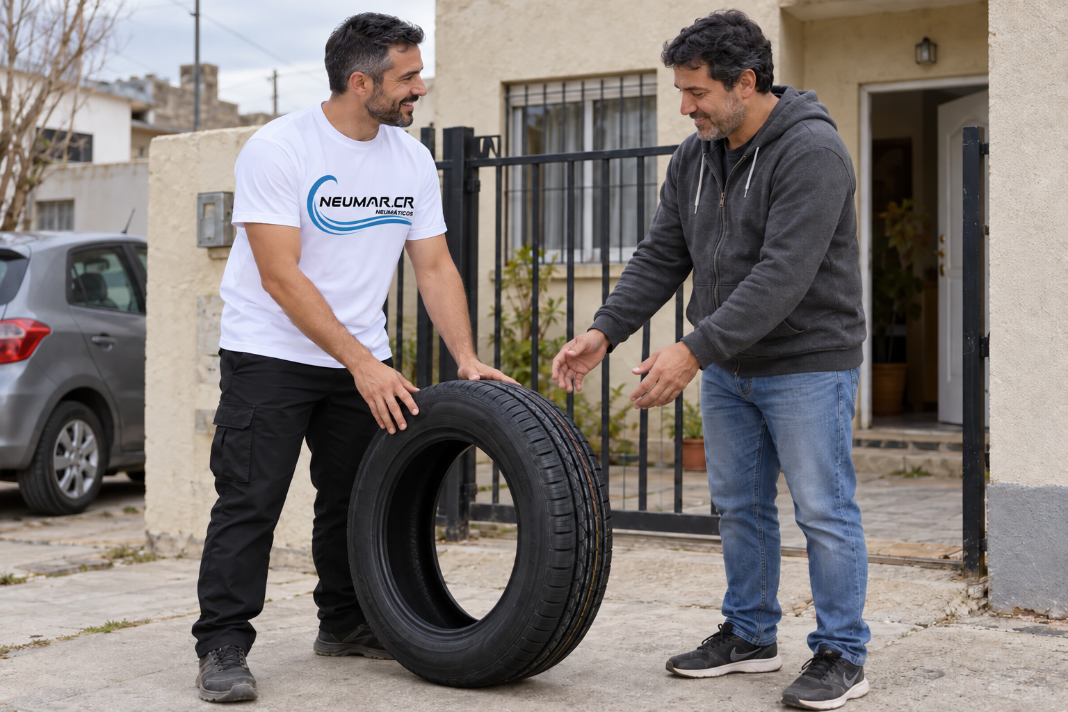 Entrega de un neumático de NEUMAR.CR en el domicilio de un cliente